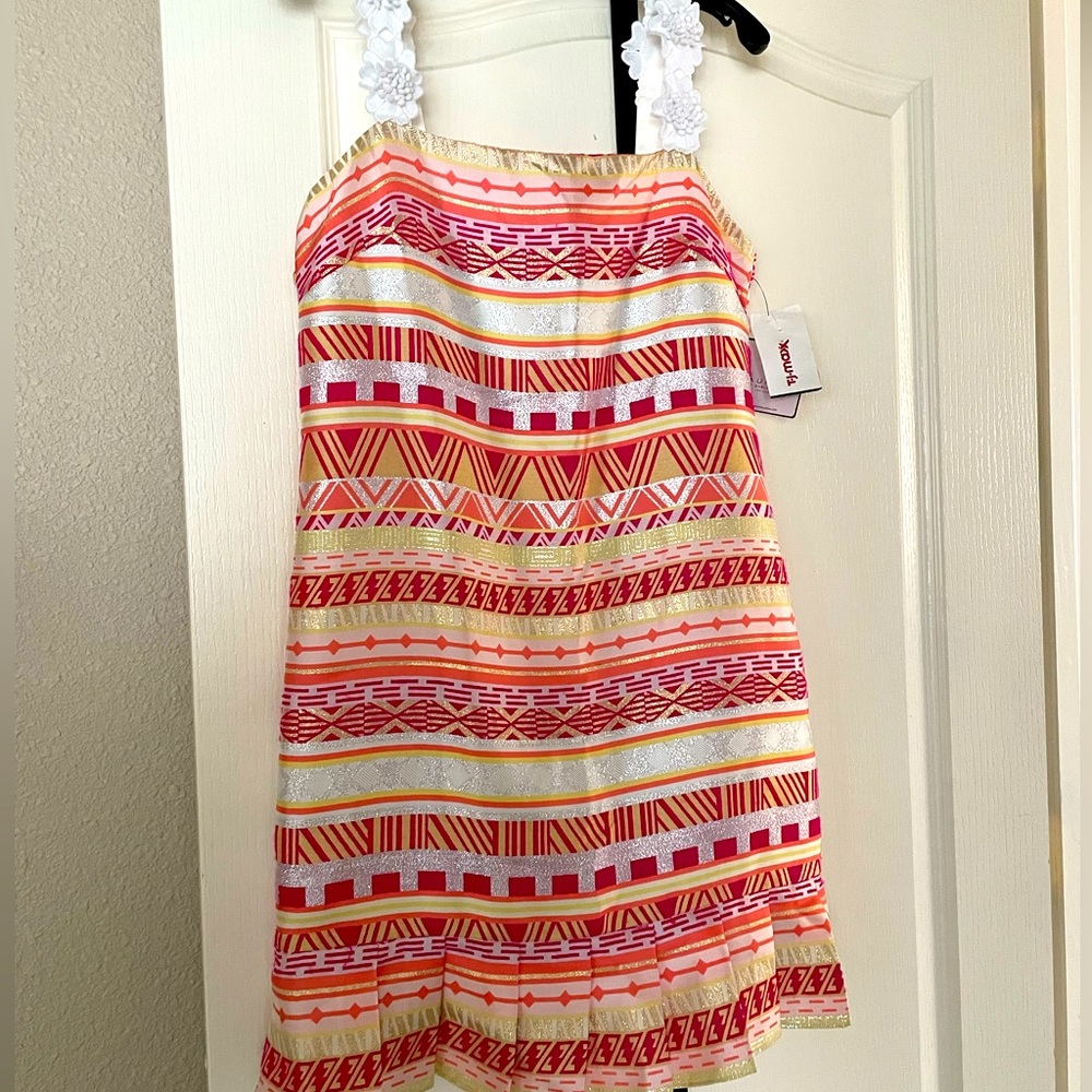 Laundry multi color with gold pleated dress NWT. Size 8